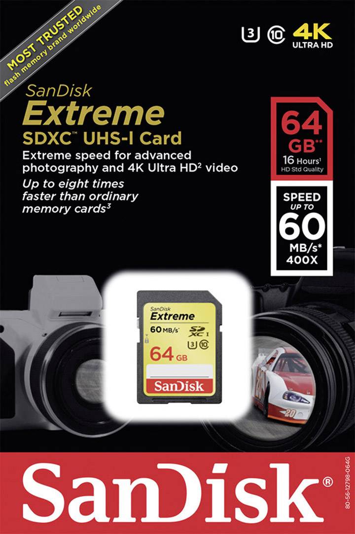 SanDisk Extreme® SDXC-Karte 64 GB Class 10, UHS-I, UHS-Class 3