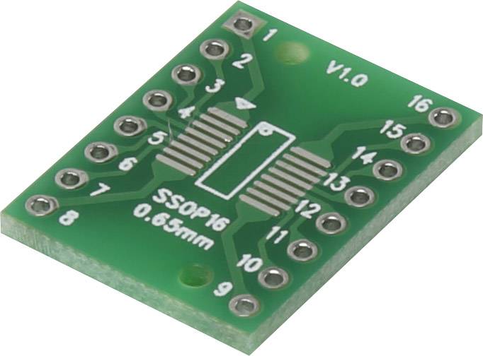 SSOP16 Adapterplatine, Version 1.0, mit 16 Lötpunkten für 0,65 mm Pins.