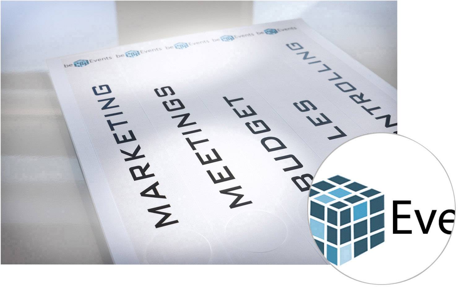 'Marketing', 'Meetings', 'Budget', 'Controlling' in großer Schrift auf einem Dokument. Logo mit Würfel und 'Eve' sichtbar.