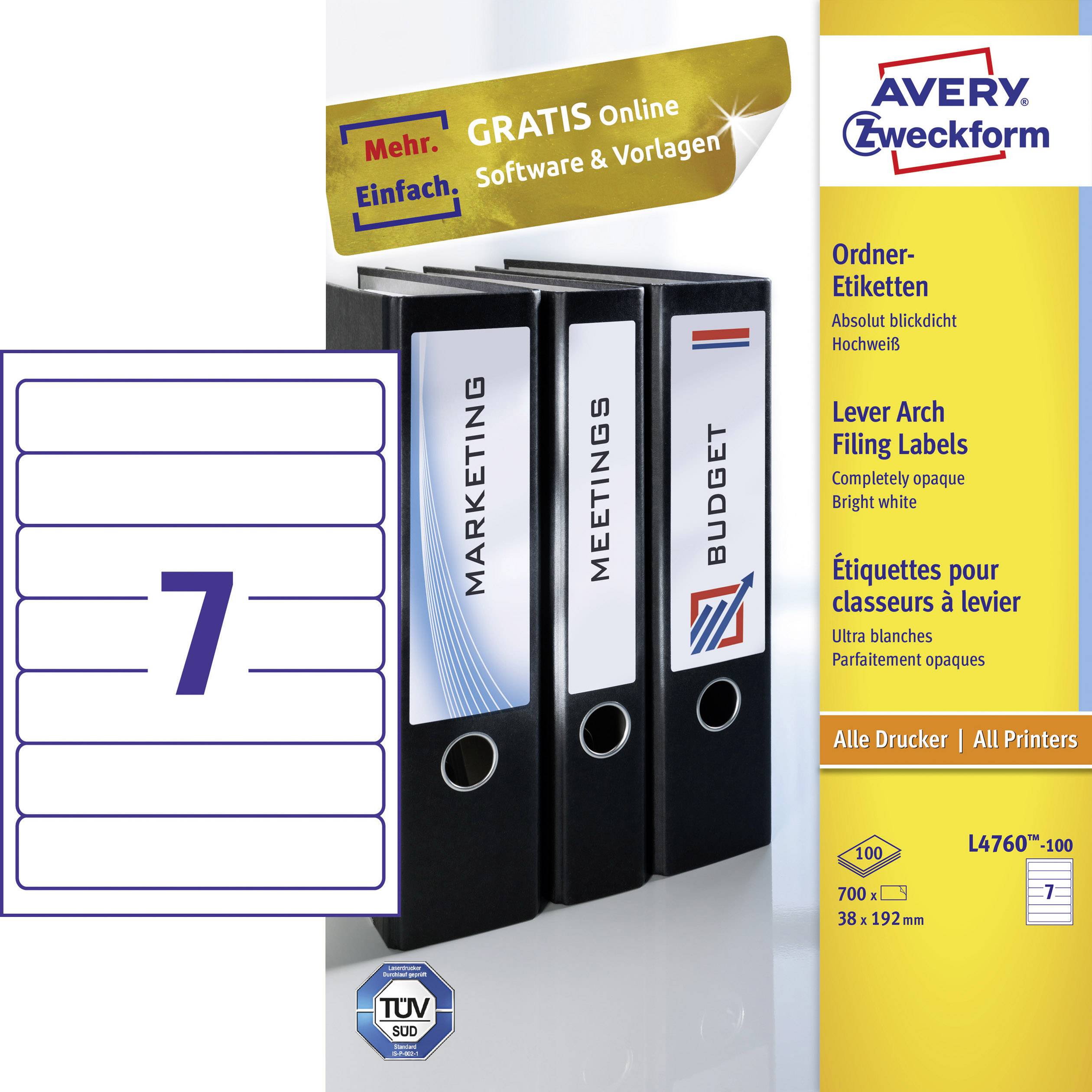 Packung Avery Zweckform Ordner-Etiketten, ideal für Hebelordner. 7 weiße Etiketten pro Bogen. Gratis Software-Angebot.