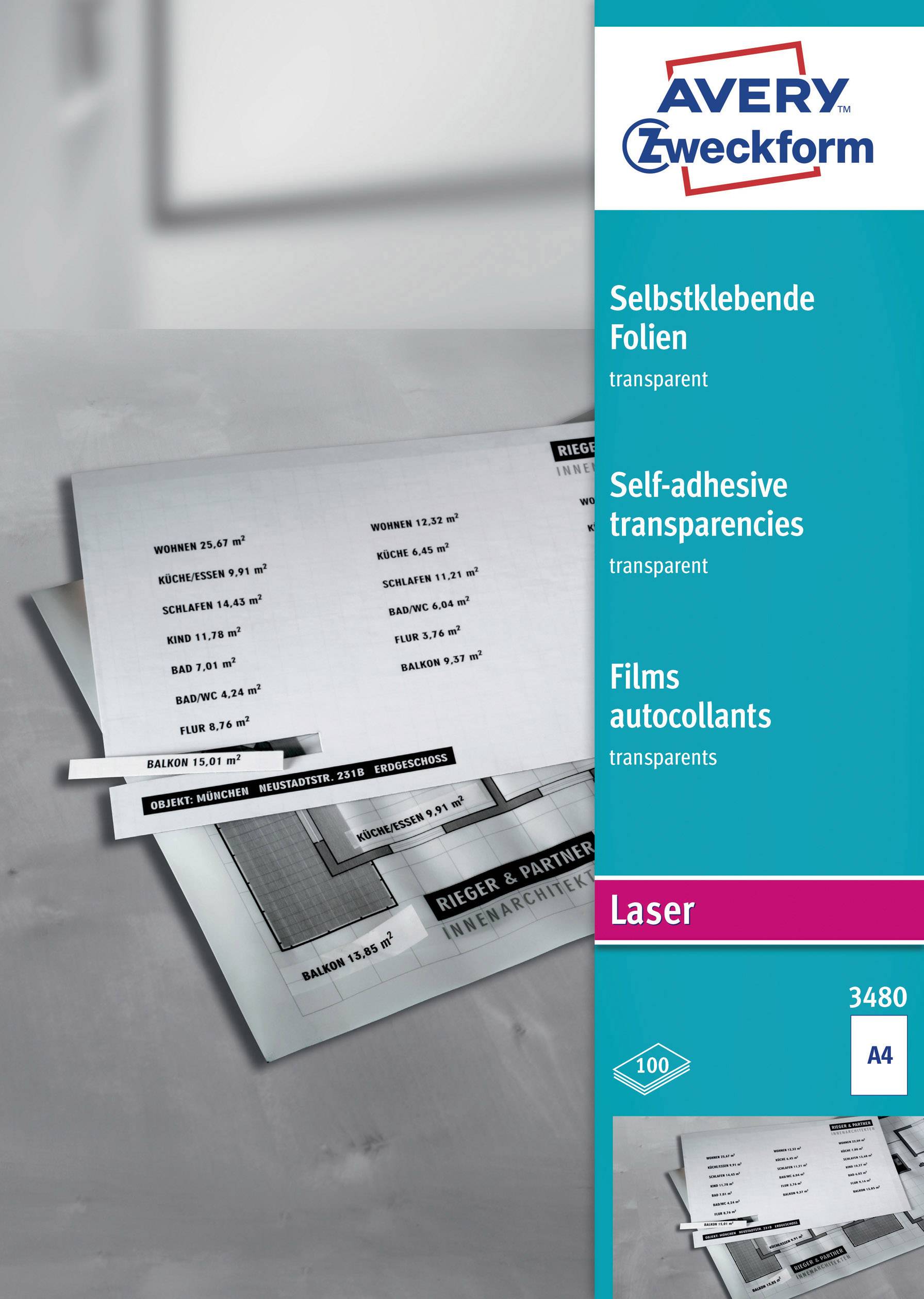 Selbstklebende transparente Folien der Marke Avery Zweckform, geeignet für Laserdrucker, Format A4, 100 Stück pro Packung.