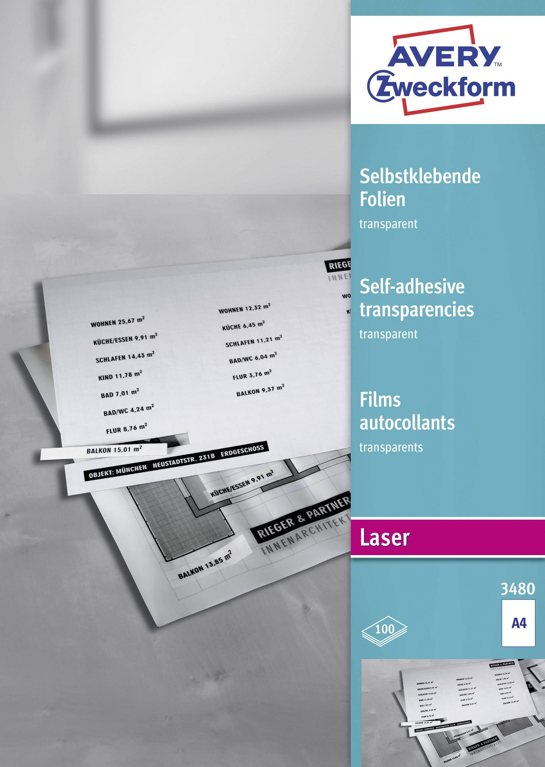 Bürobedarfverpackung für selbstklebende transparente Folien. Enthält Details zu Produktenummer, Größe und Typ. Marke Avery Zweckform.