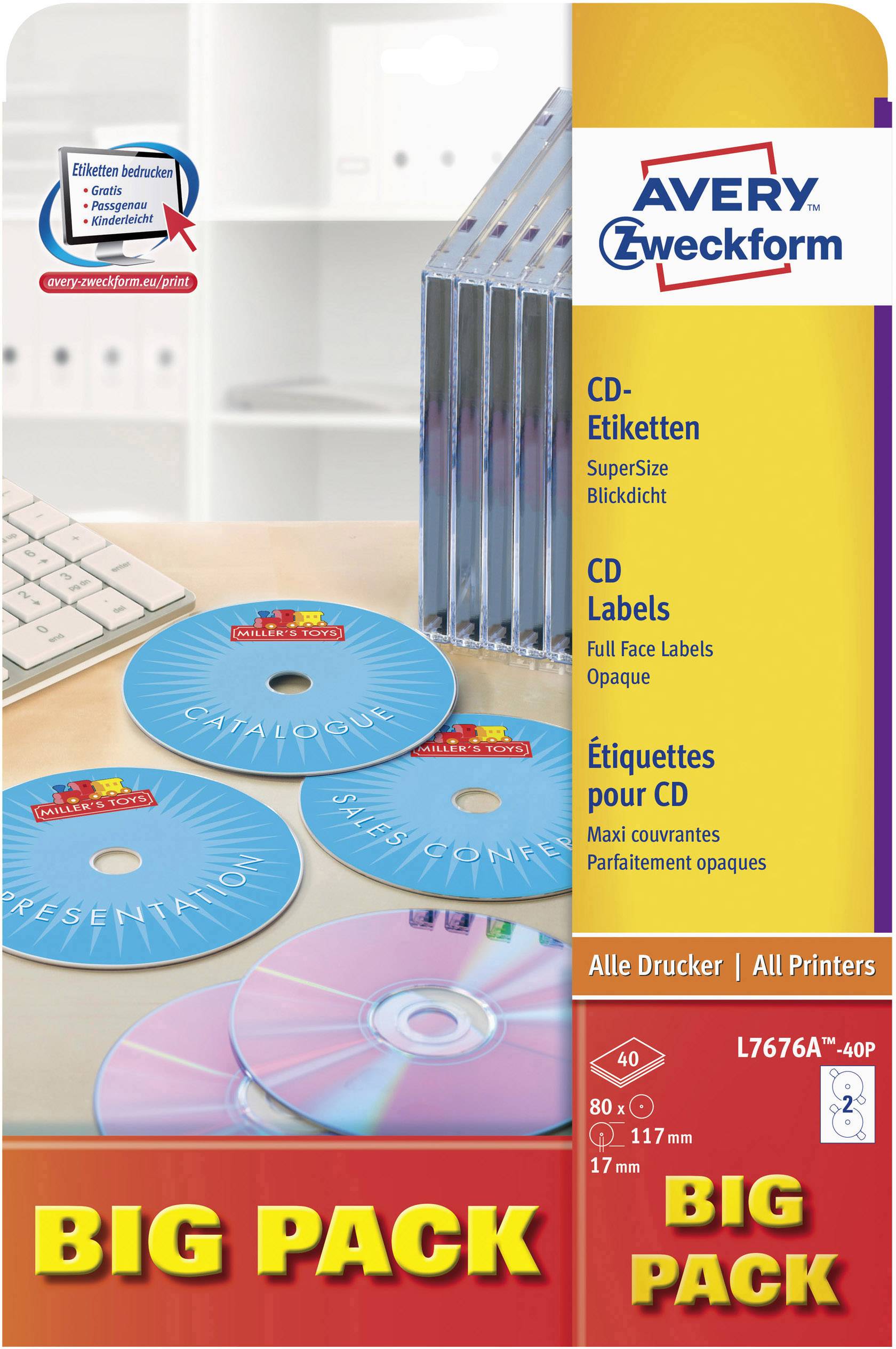 Eine Verpackung von Avery Zweckform CD-Etiketten. Enthält 80 opake Full-Face-Labels, kompatibel mit allen Druckern.