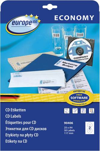 Europe 100 CD-Etiketten 90406 Ø 117mm Papier Weiß 50 St. Permanent Wischfest Tinte, Laser