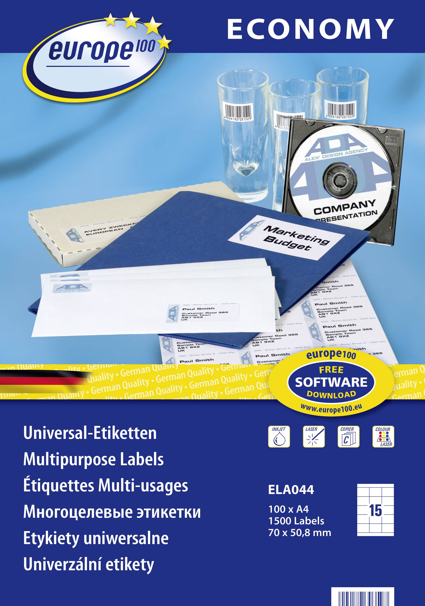 Europe 100 ELA044 Universal-Etiketten 70 x 50.8 mm Papier Weiß 1500 St. Permanent haftend Tintenstrahldrucker, Laserdrucker, Farblaserdrucker