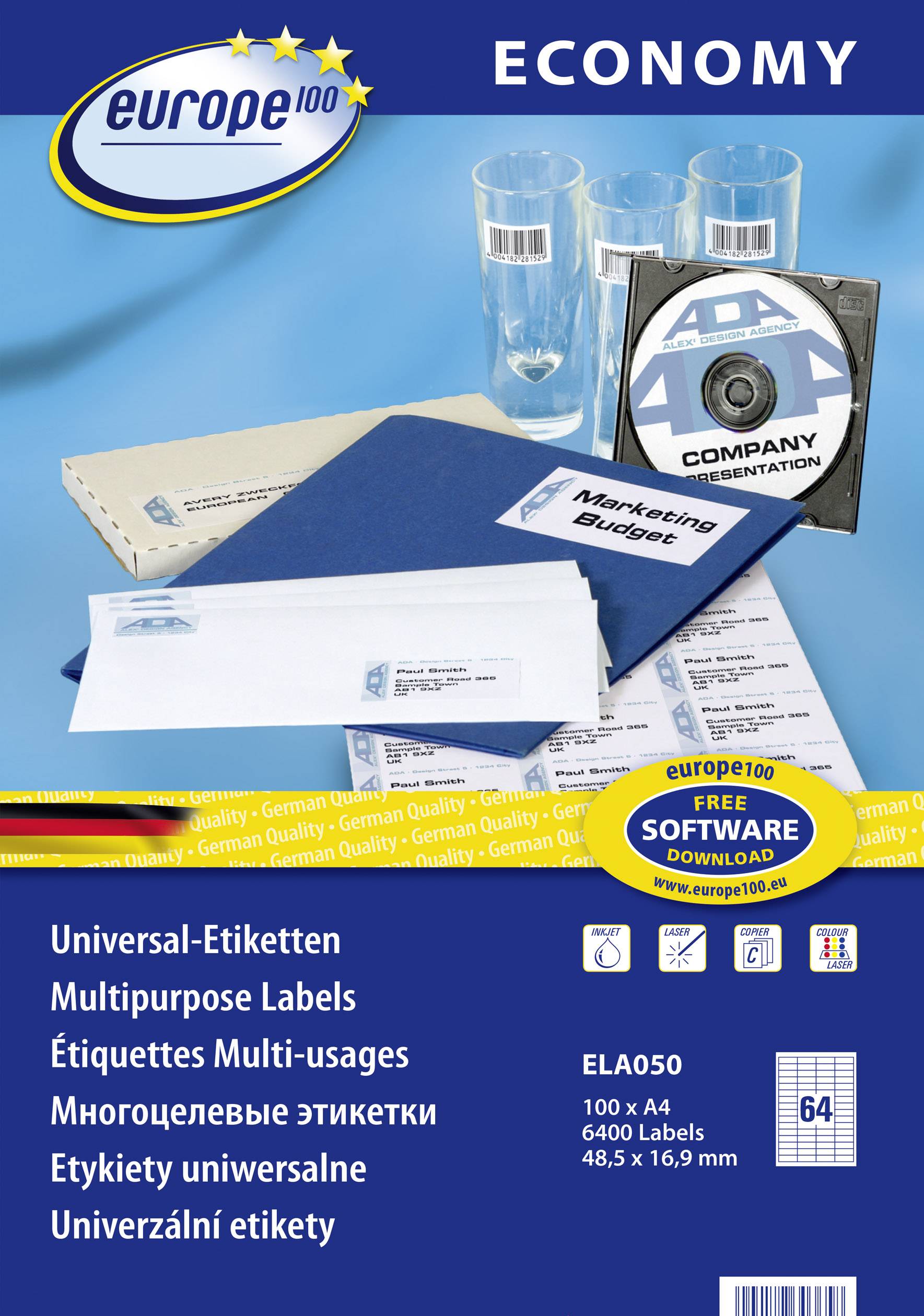 Europe 100 ELA050 Universal-Etiketten 48.5 x 19.9 mm Papier Weiß 6400 St. Permanent haftend Tintenstrahldrucker, Laserdrucker, Farblaserdrucker