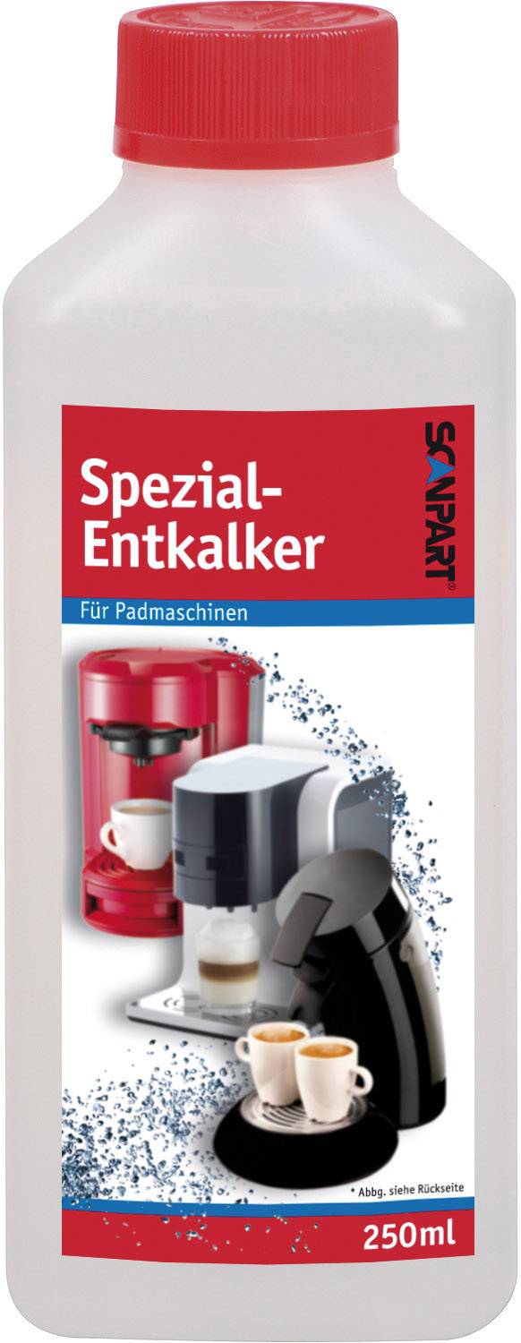Flasche mit 250 ml Spezial-Entkalker für Padmaschinen, geeignet für Kaffeemaschinen. Verpackung zeigt rote und schwarze Kaffeemaschine.