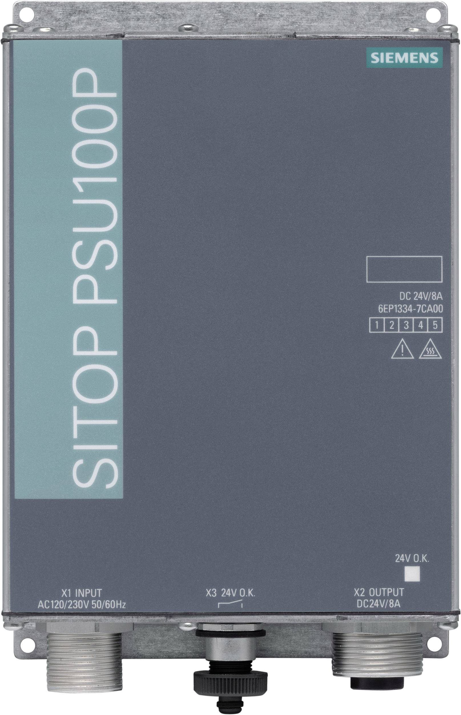 Ein graues Siemens SITOP PSU100P Netzteil mit technischen Angaben auf der Vorderseite.