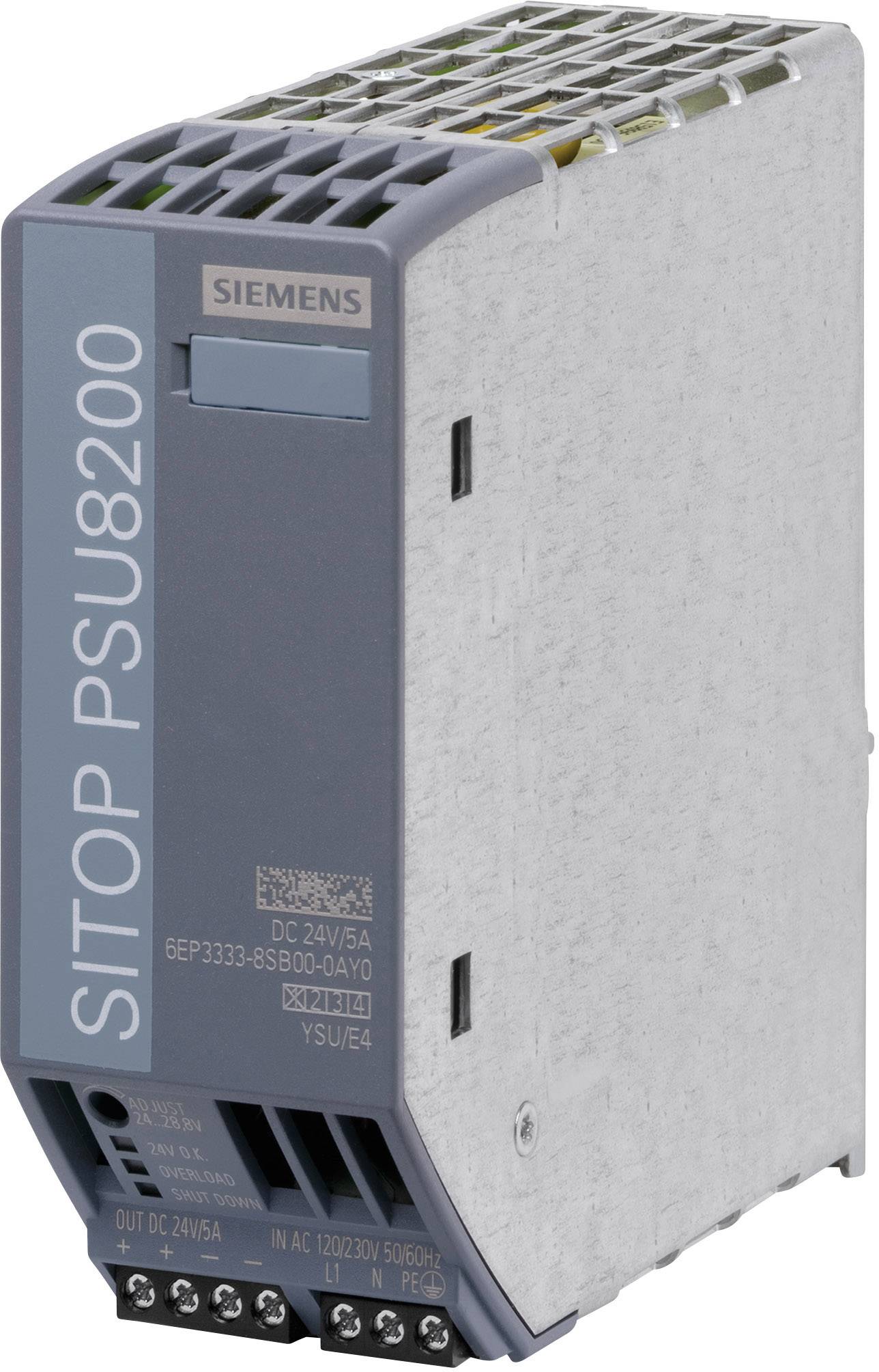 Industrienetzteil: Siemens SITOP PSU8200, 24V DC, 5A. Kompaktes Design, effiziente Stromversorgungslösung für industrielle Anwendungen.