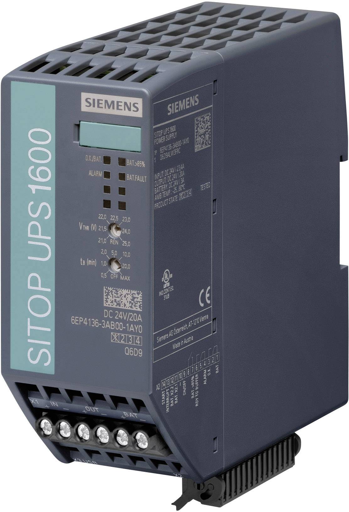 Ein SITOP UPS1600 von Siemens, ein DC-USV-Modul für unterbrechungsfreie Stromversorgung, dunkelgrau mit Anschlüssen und technischen Informationen.