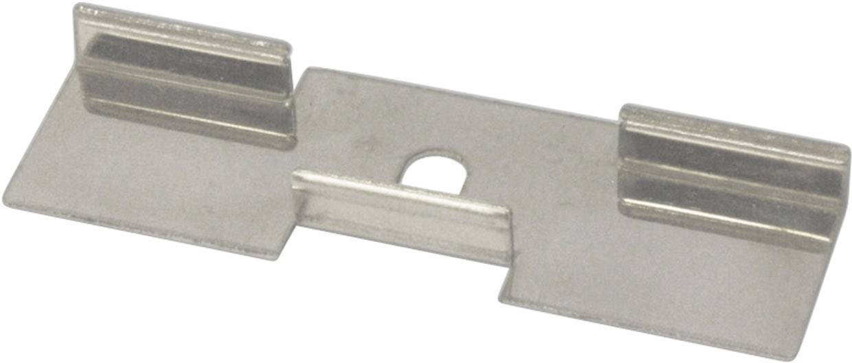 Silberne Metallklemme mit einem Loch in der Mitte und rechteckigen Flügeln auf beiden Seiten. Verwendet zur Befestigung von Komponenten.