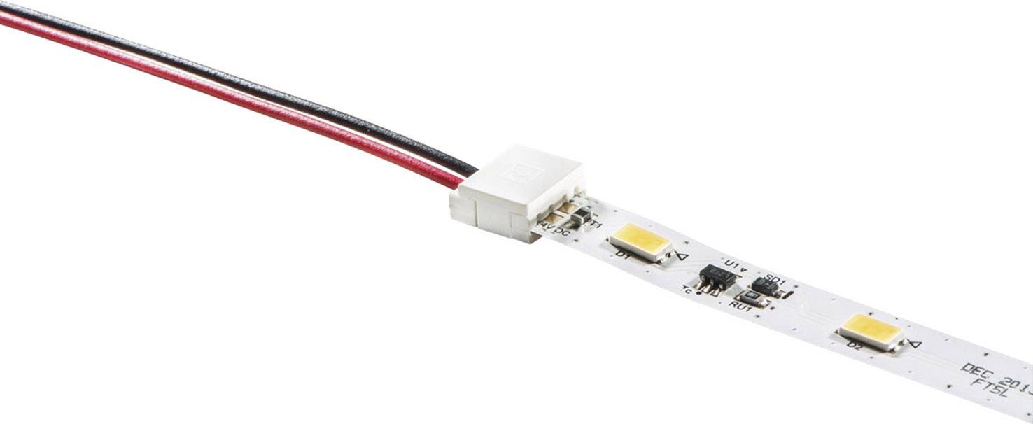 Ein LED-Streifen mit drei gelben LEDs und zwei Drähten, einem roten und einem schwarzen, die von einem weißen Steckverbinder ausgehen.
