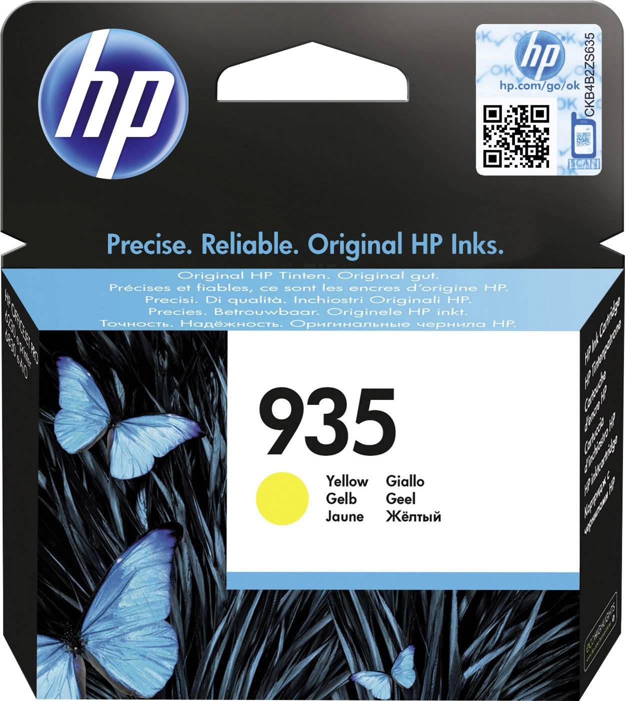 HP Druckerpatrone 935 in Gelb. Verpackung zeigt blaue Schmetterlinge. Oben links HP-Logo, oben rechts QR-Code.