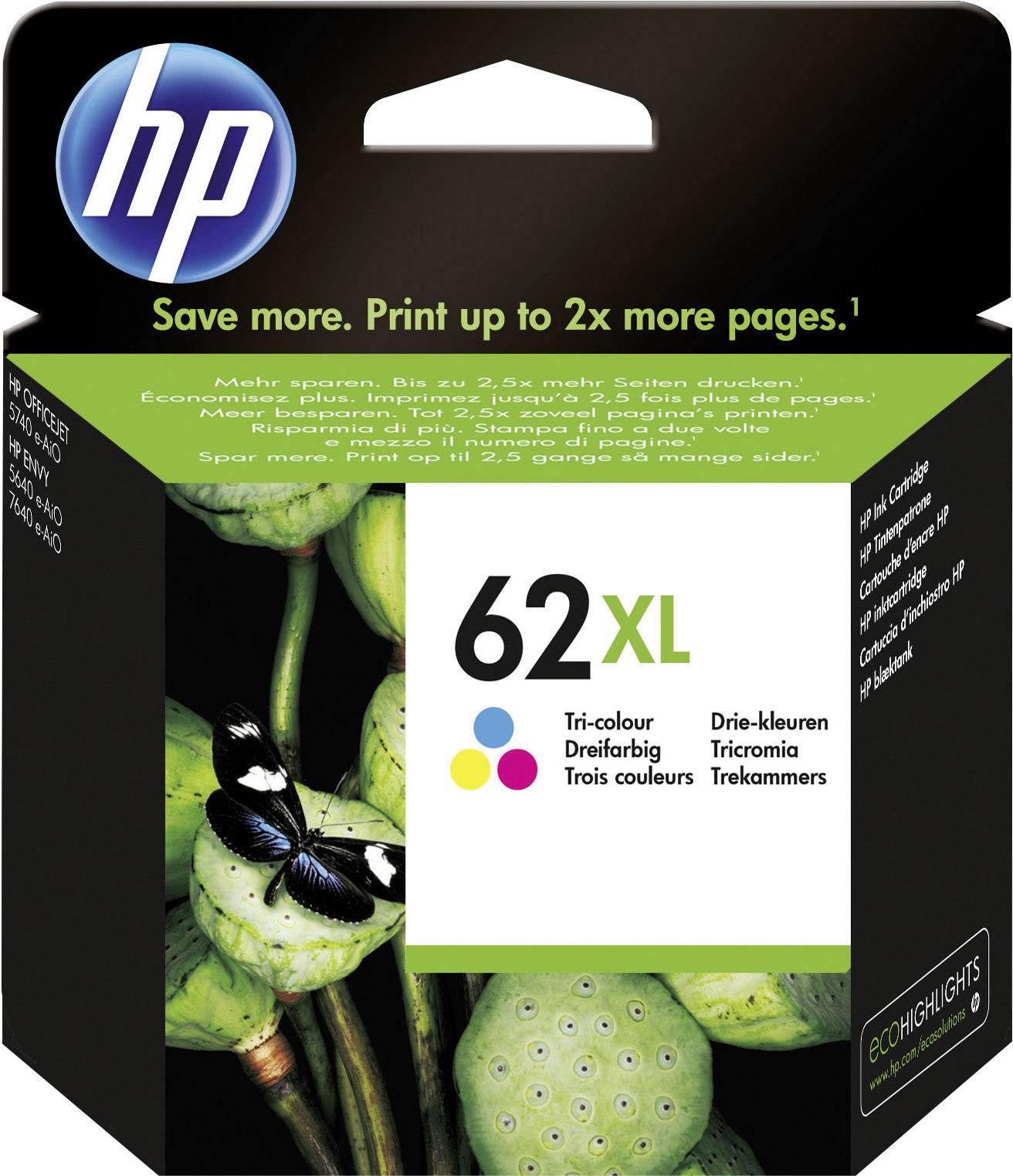 HP Druckerpatrone 62XL, druckt bis zu 2x mehr Seiten. Tri-Color, abgebildet: Schmetterling und Lotus.