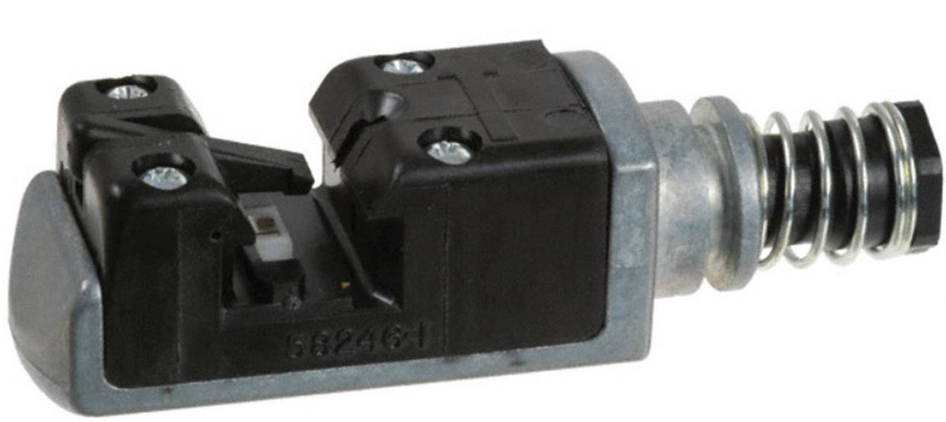 Ein kleines, rechteckiges elektrisches Bauteil mit schwarzer Oberfläche und Metallfeder, oft verwendet in mechanischen Systemen.