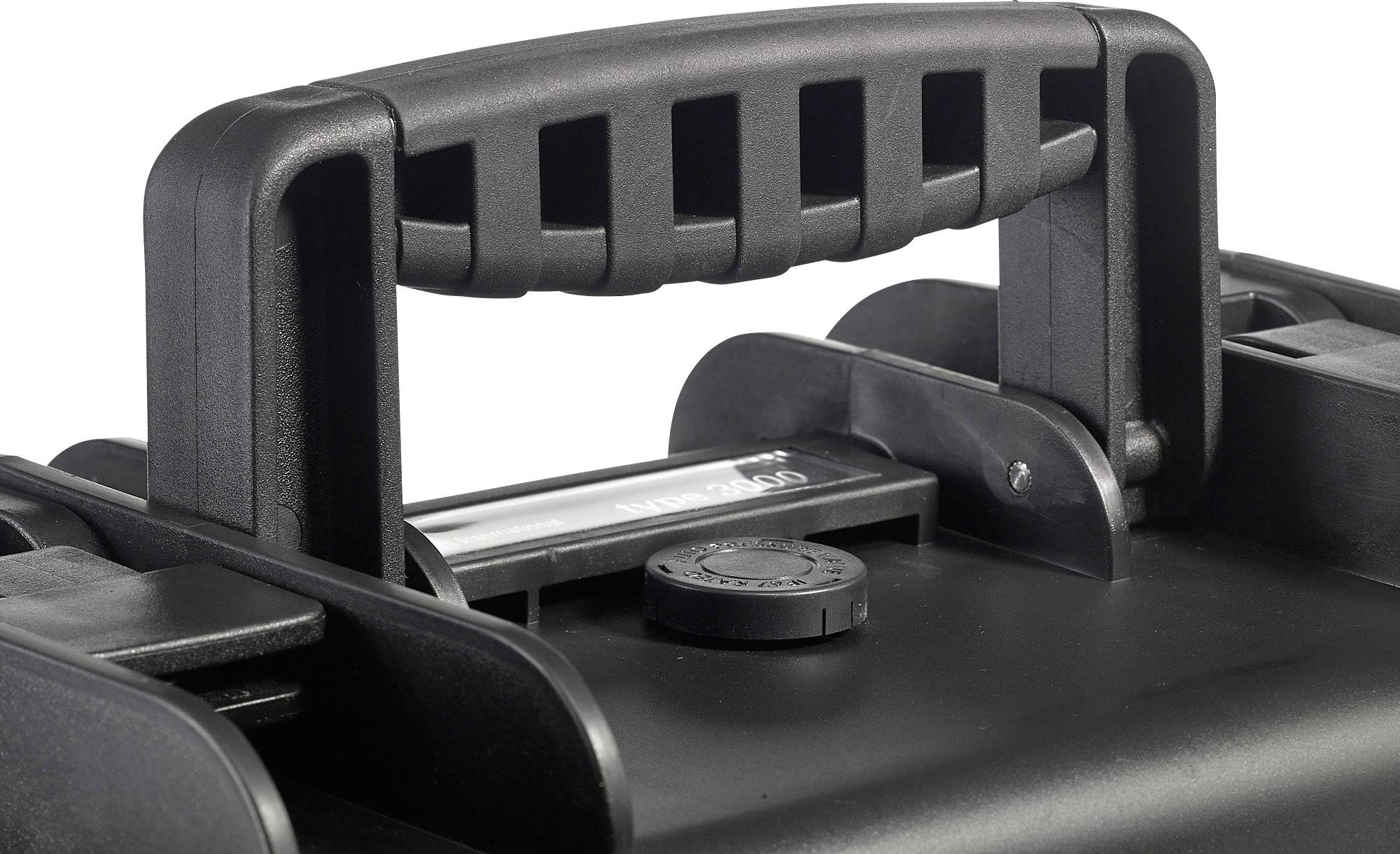 Schwarzer Hartplastikgriff eines Koffers mit Rillen für besseren Halt. Der Griff ist stabil und funktional gestaltet.