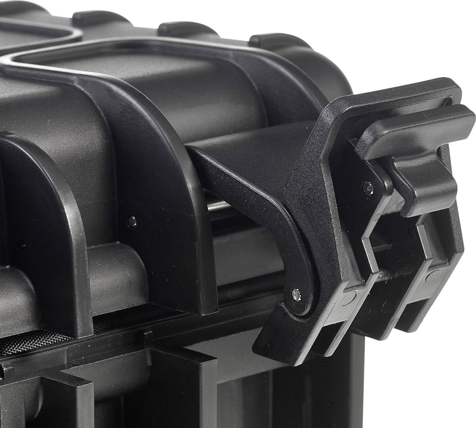 Nahaufnahme einer schwarzen, robusten Kunststoffverriegelung an einem Koffer. Die Struktur des Materials ist sichtbar und zeigt Stabilität.