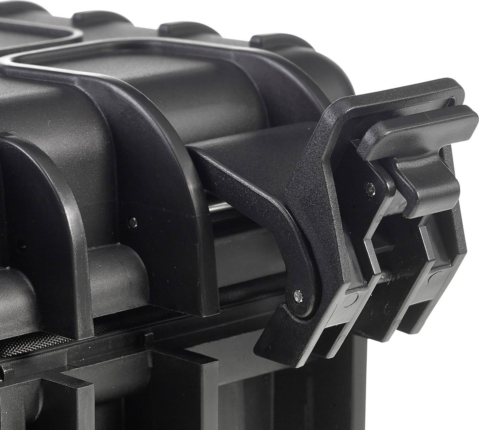 Schwarzer Kunststoffkoffer mit stabilem Verschluss. Ideal für den sicheren Transport von empfindlichen Gegenständen.