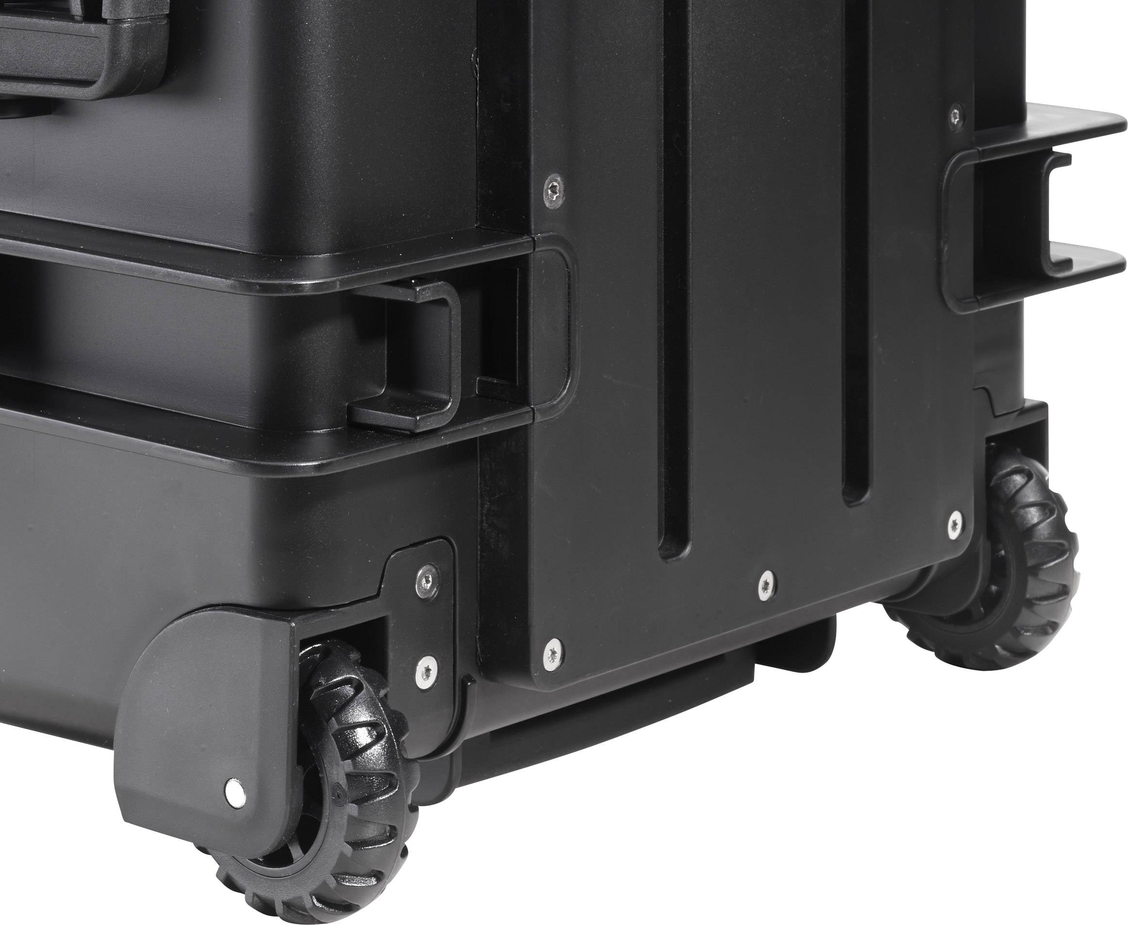 Ein stabiler schwarzer Koffer mit Rollen.