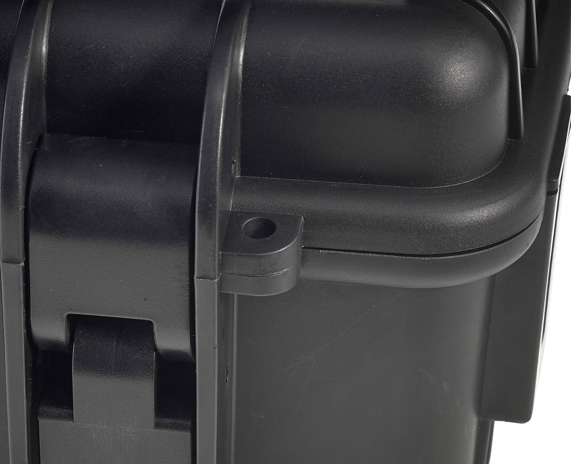 Schwarze, robuste Kunststoffbox mit abgerundeten Ecken und einem stabilen Verschluss, geeignet für den sicheren Transport empfindlicher Gegenstände.