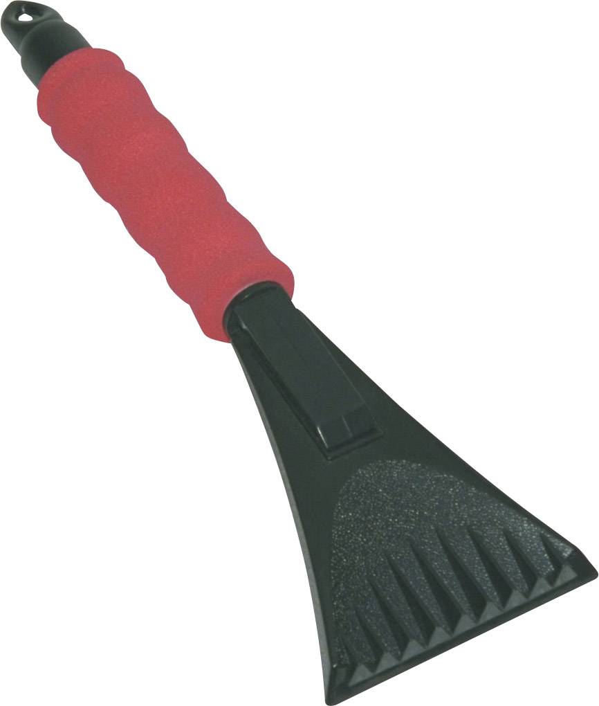 Schwarz-roter Eiskratzer mit einem ergonomischen Griff und einer scharfen Schneide zum Entfernen von Eis von Autofenstern.