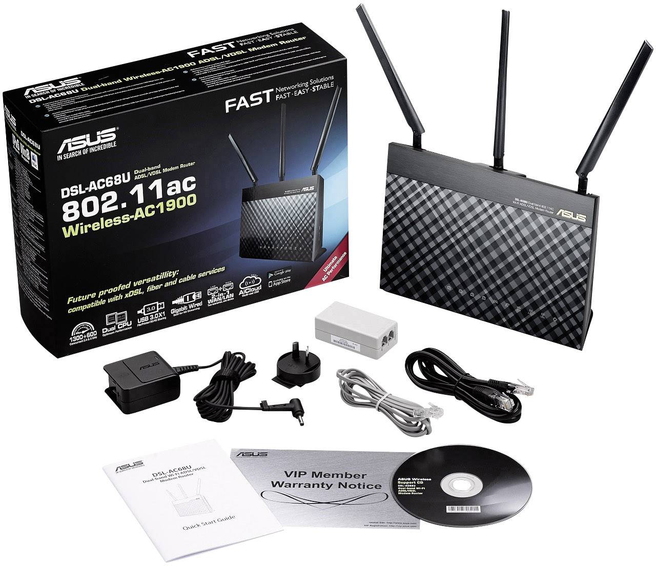 Asus DSL-AC68U WLAN Router mit Modem Integriertes Modem: VDSL, ADSL2+, ADSL 5 GHz, 2.4 GHz 1.9 GBit/s