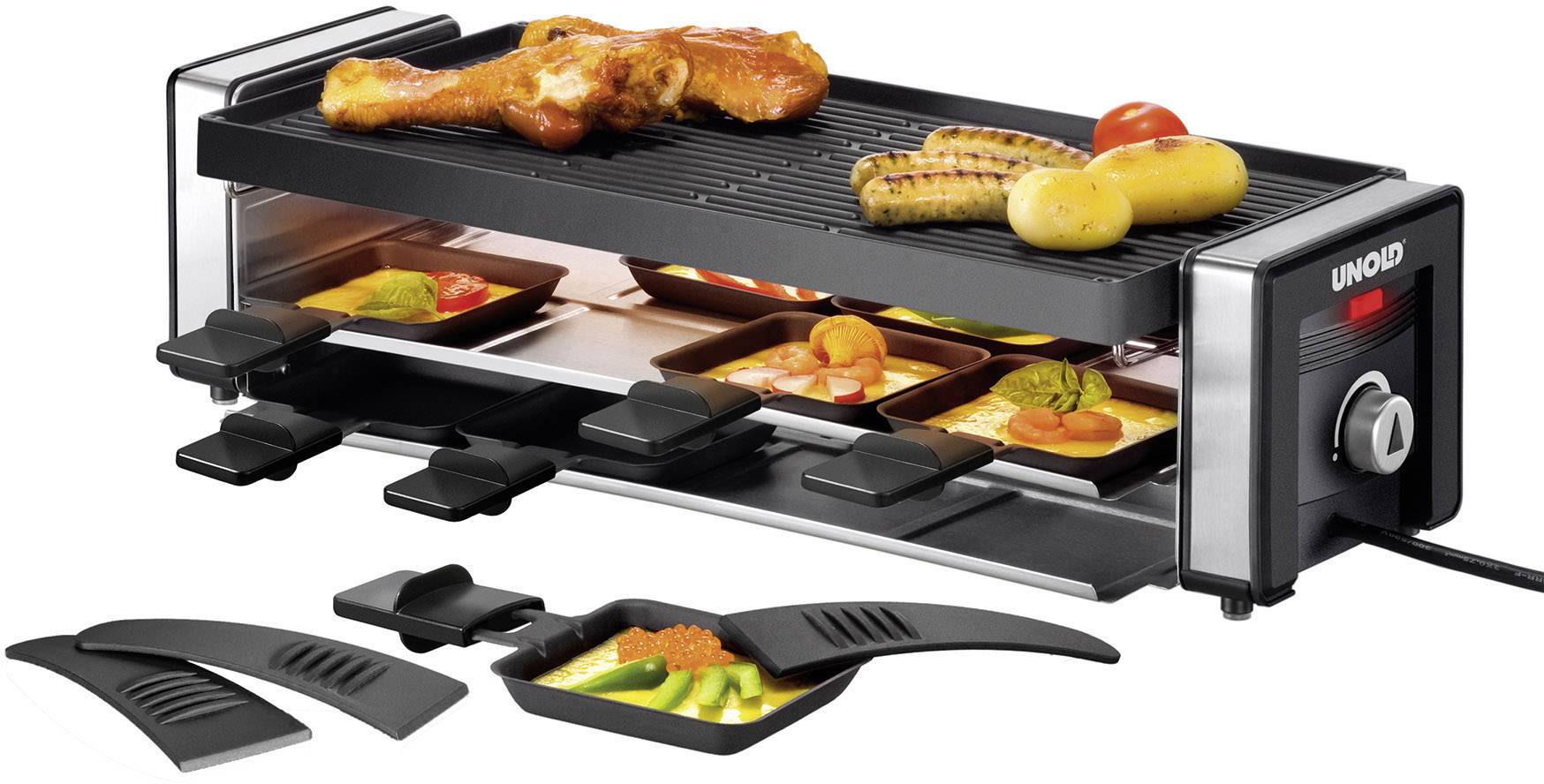 Unold Finesse Raclette 8 Pfännchen, mit manueller Temperatureinstellung Schwarz, Silber