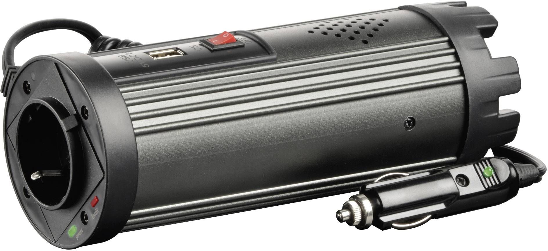 Ein zylindrischer Spannungswandler mit Steckdose und USB-Anschluss, geeignet für den Einsatz im Auto, mit Adapter für Zigarettenanzünder.