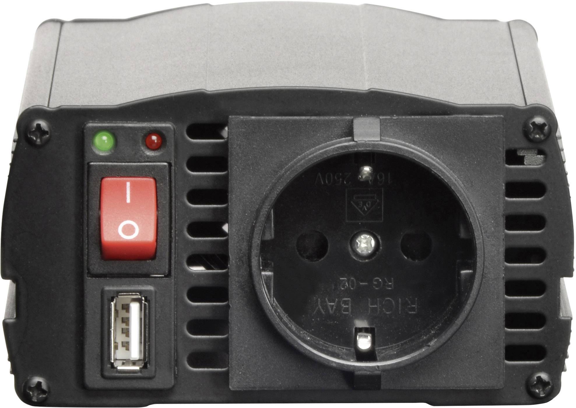 Spannungswandler mit EU-Steckdose, USB-Anschluss, und Kippschalter in rot für Ein/Aus-Funktion.