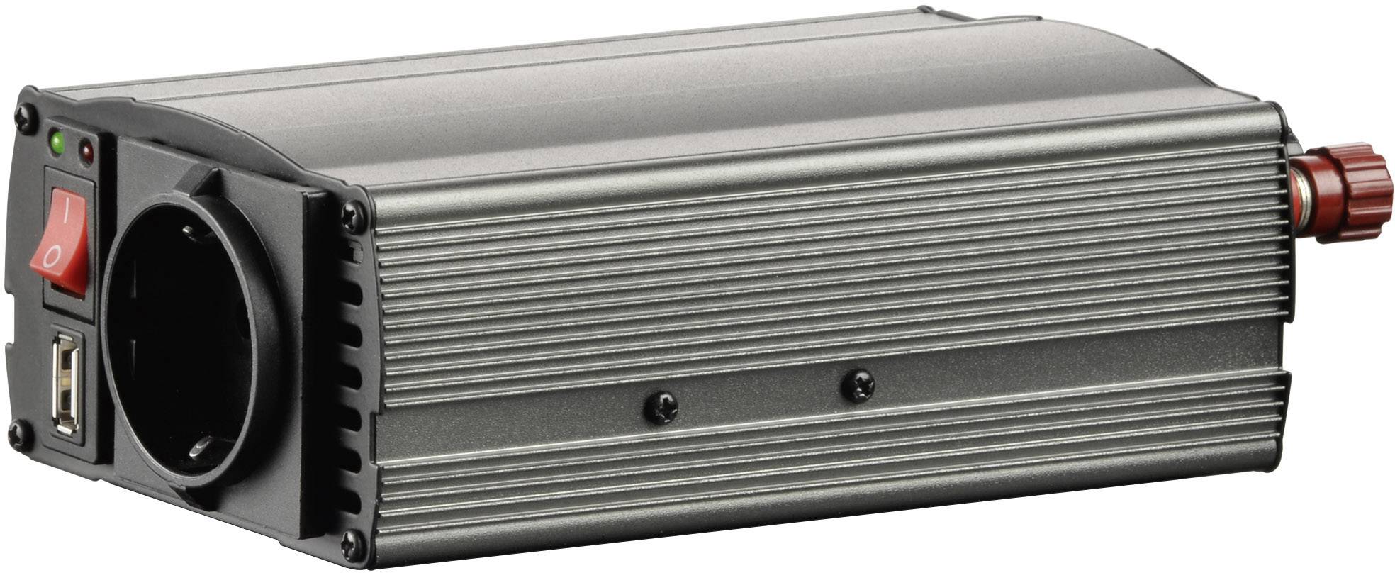 Schwarzer Spannungswandler mit USB-Anschluss und Steckdose, geeignet zur Umwandlung von Gleichstrom in Wechselstrom für elektronische Geräte.