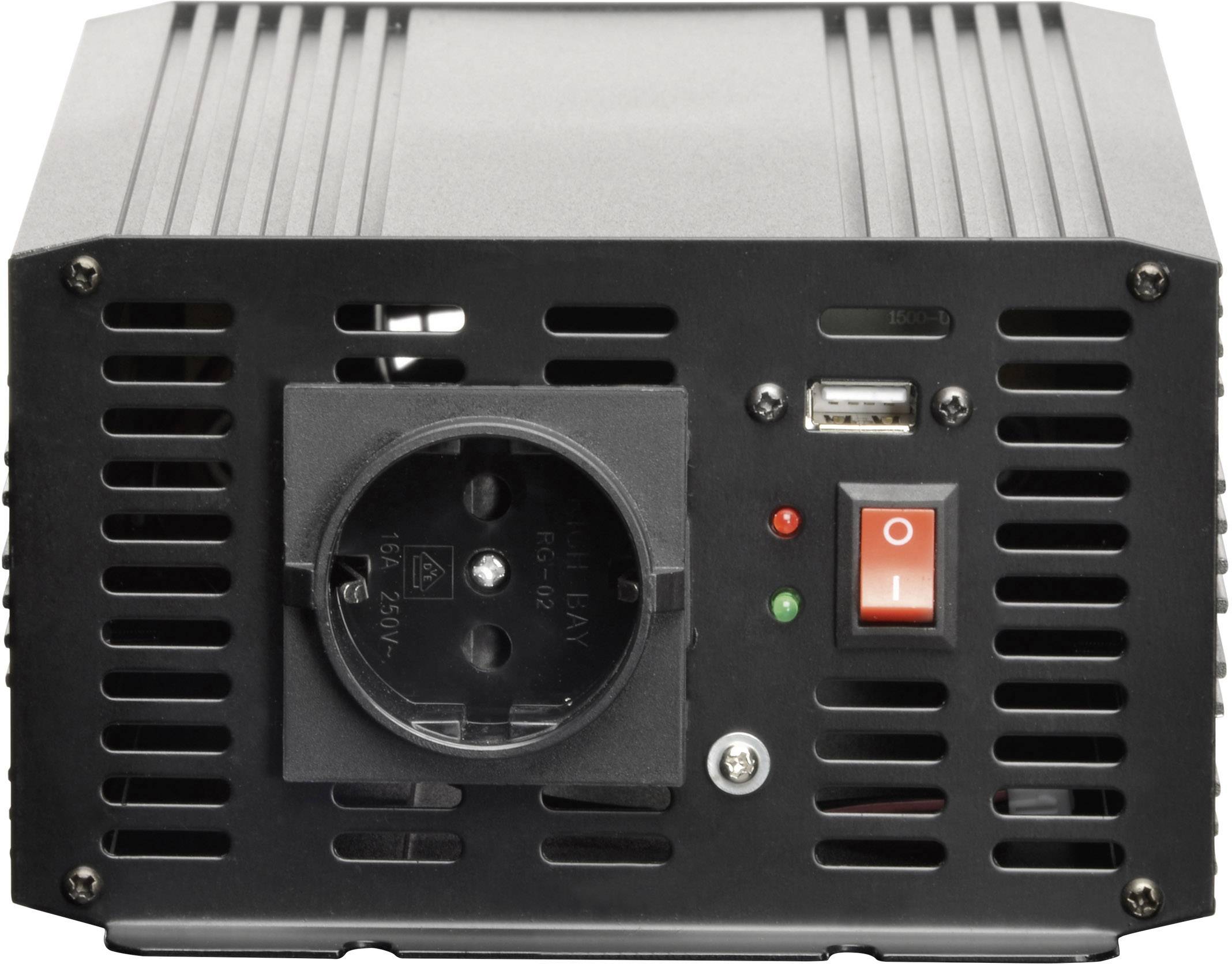 Ein schwarzes elektronisches Gerät mit Steckdose, USB-Anschluss und rotem Ein/Aus-Schalter.