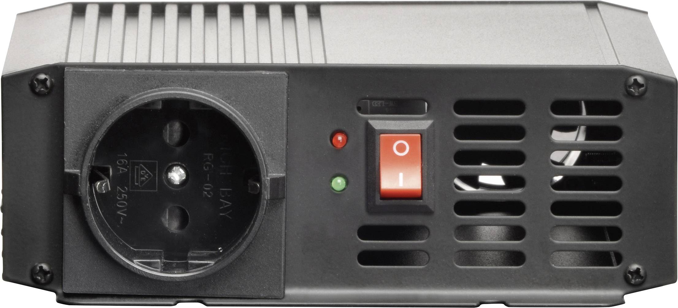 Schwarzer Stromadapter mit Steckdose, rotem Kippschalter und grüner LED-Anzeige.