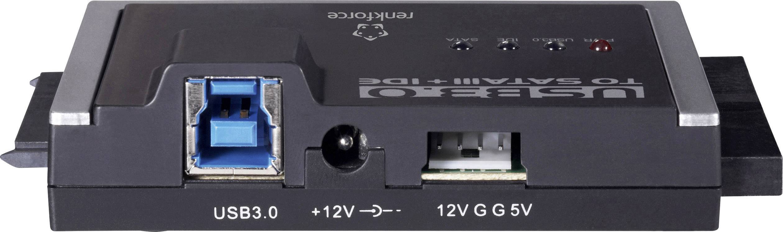 Ein USB-Adaptergerät verbindet SATA mit IDE, hat Anschlüsse für USB3.0, 12V-Stromversorgung und LED-Anzeigen für Betrieb und Funktion.
