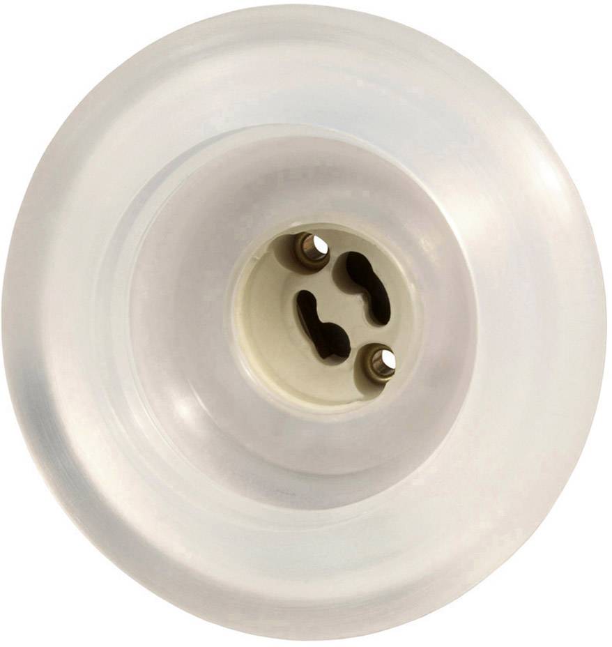 Weiße Bakelit-Wandsteckdose mit zwei runden Öffnungen, geeignet für ältere Elektrogeräte und historische Elektrik-Installationen.