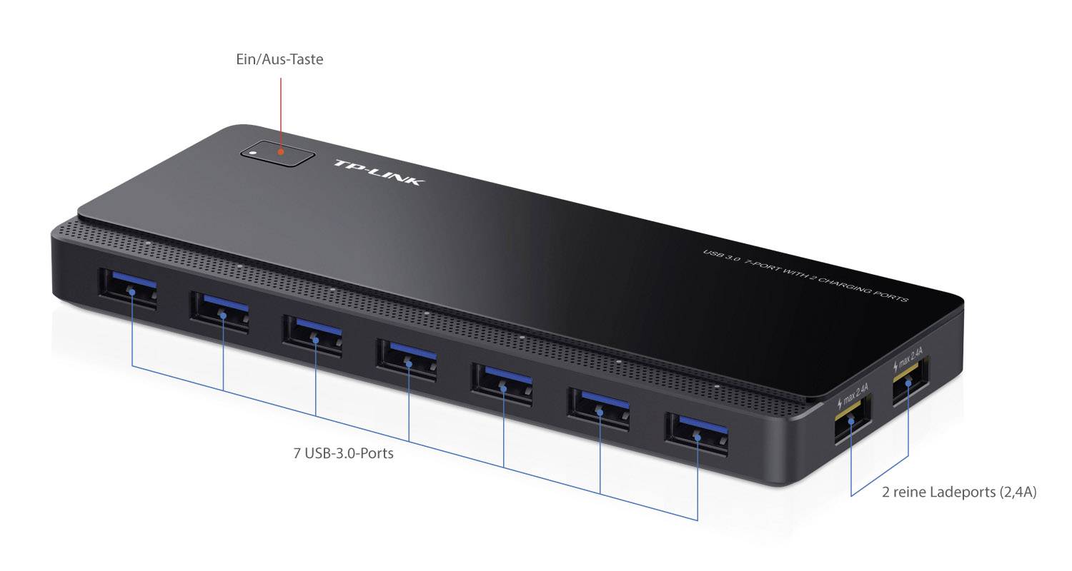 TP-LINK UH720 7+2 Port USB 3.2 Gen 1-Hub (USB 3.0) mit Schnellladeport Schwarz