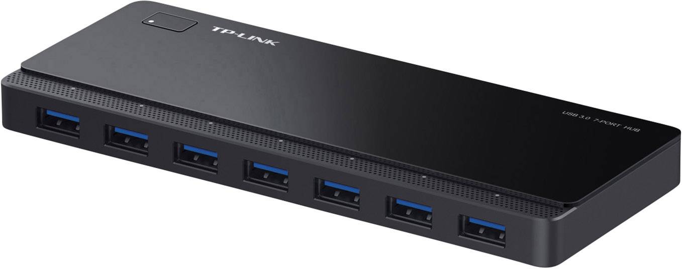 Ein schwarzer TP-Link USB 3.0-Port-Hub mit sieben Ports.