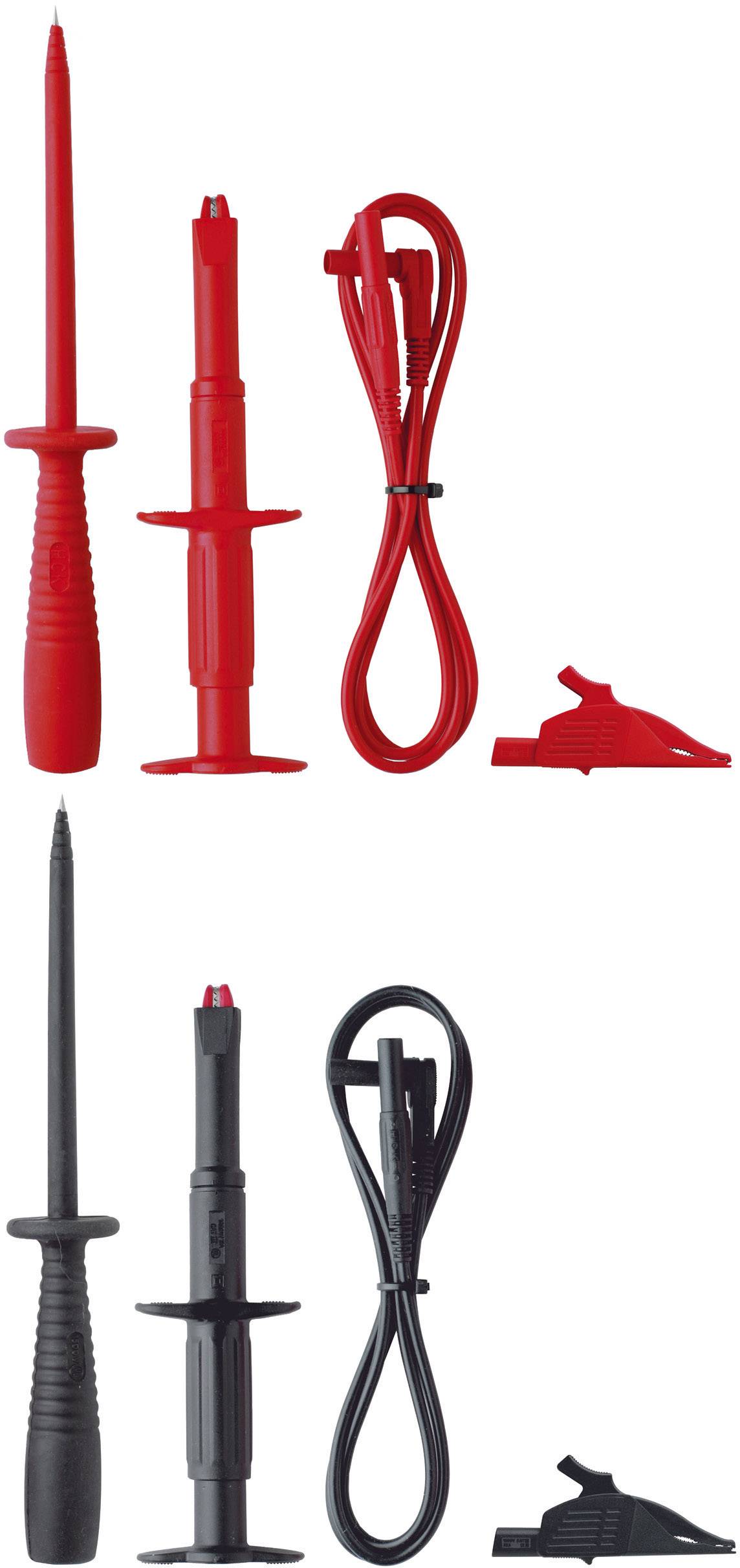 Ein Set aus roten und schwarzen Messleitungen mit Tasten für Multimeter. Die Leitungen haben isolierte Stecker und Gummigriffe.