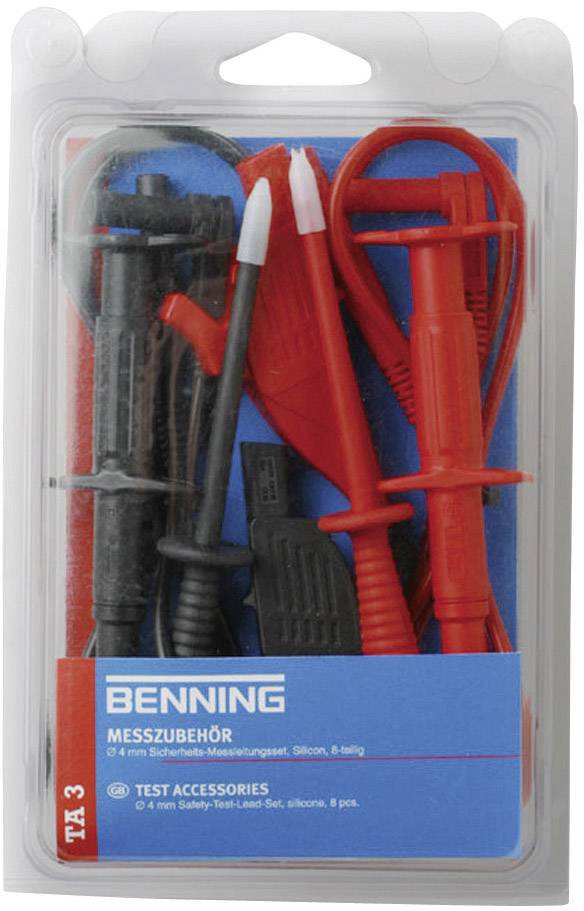 Das Bild zeigt ein Set von Messzubehör der Marke BENNING, bestehend aus isolierten Prüfspitzen in Rot und Schwarz, in einer Kunststoffverpackung.