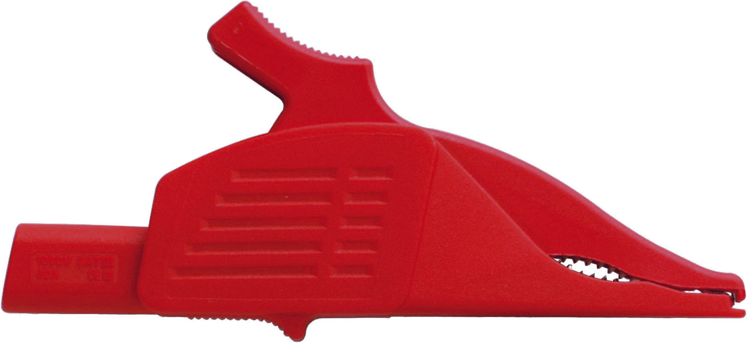 Rotes Krokodilklemmenzubehör mit gezackten Backen, verwendet zum Sichern von Kabeln in elektrischen Anwendungen.