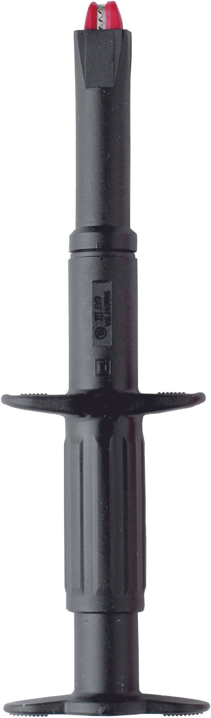 Ein schwarzer Druckkammer-Adapter mit roter Spitze, vertikal ausgerichtet. Er hat Griffe an beiden Seiten.