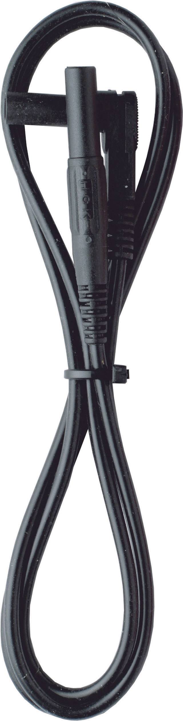 Ein schwarzes Kabel mit Steckern an beiden Enden, aufgerollt und in einem Kabelbinder befestigt.