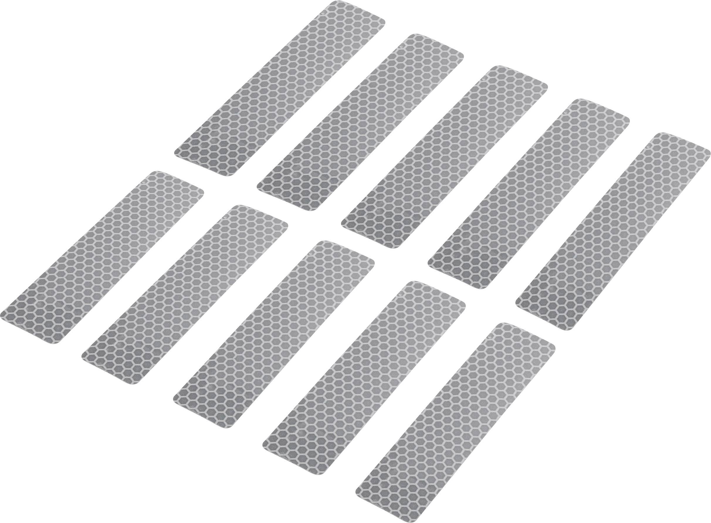 Zehn reflektierende, rechteckige Streifen mit Wabenmuster, gleichmäßig auf einem weißen Hintergrund angeordnet.
