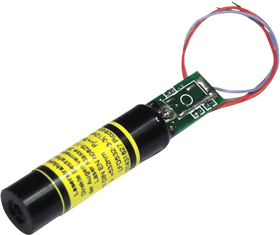 Kleines, zylinderförmiges Lasermodul mit gelbem Warnhinweis und roten sowie blauen Drähten, die mit einer Schaltplatte verbunden sind.