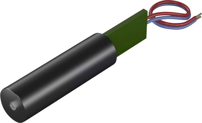 Ein zylindrischer Sensor mit zwei herausragenden Kabeln, einem roten und einem blauen. Der Sensor ist in einem schwarzen Gehäuse.