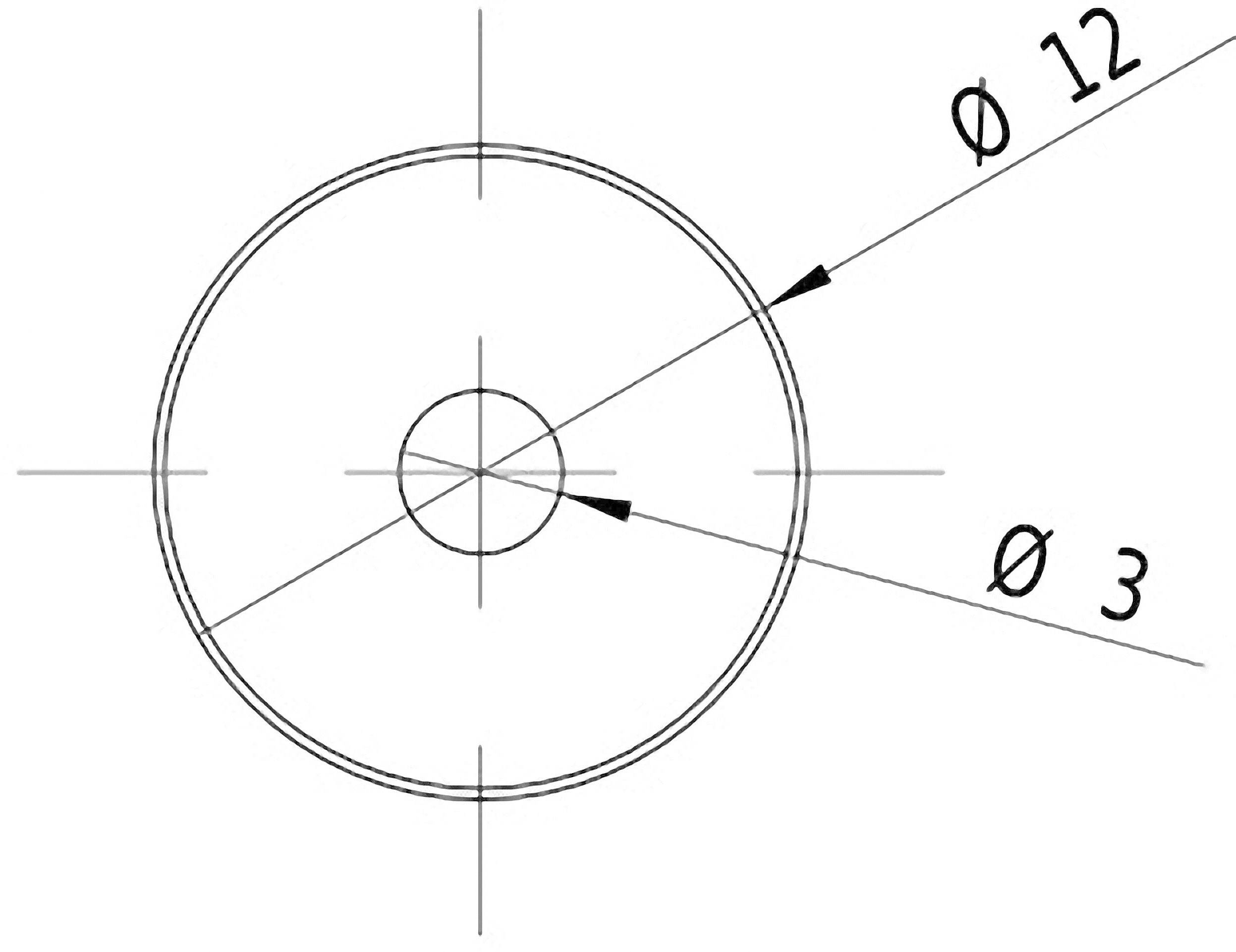 Technische Zeichnung eines Kreises mit zwei Durchmessern: außen Ø 12, innen Ø 3. Linien zeigen die Position der Durchmesser.