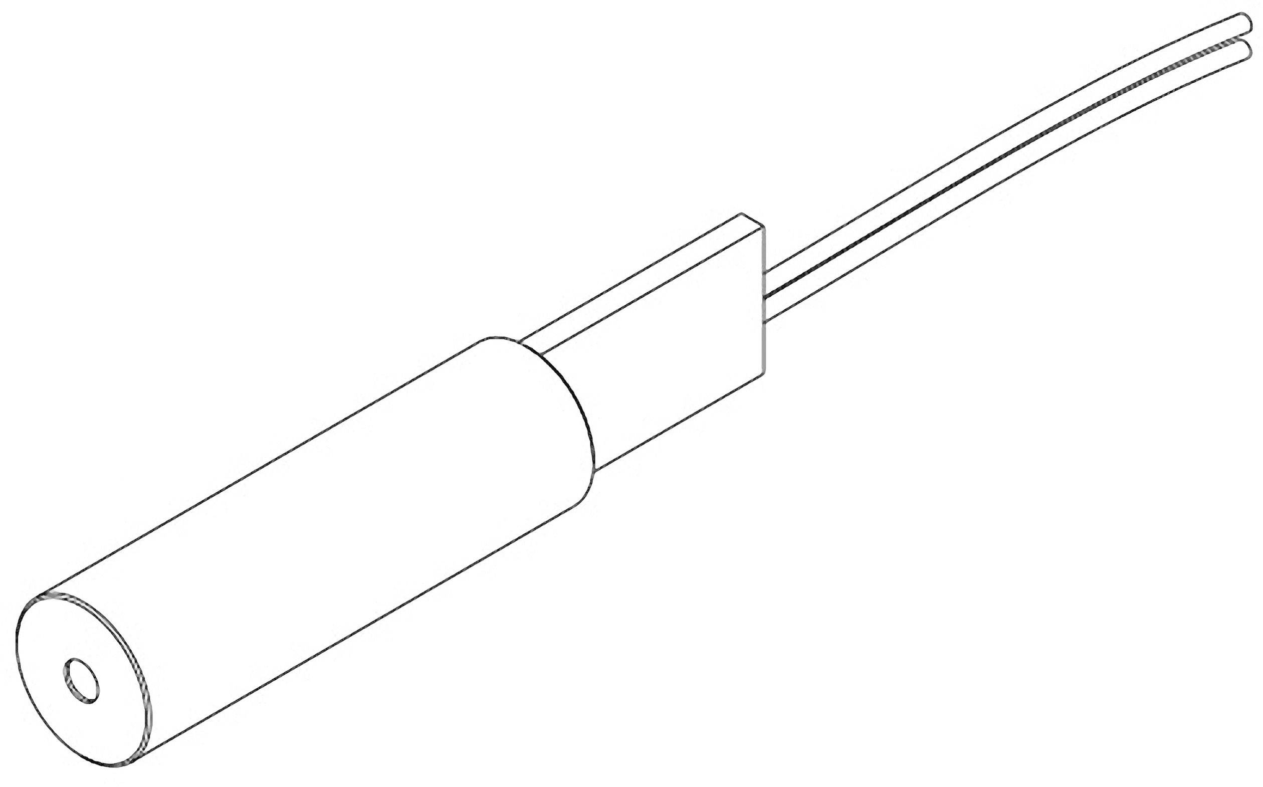 Skizze eines zylindrischen elektrischen Sensors mit zwei abgehenden Drähten.