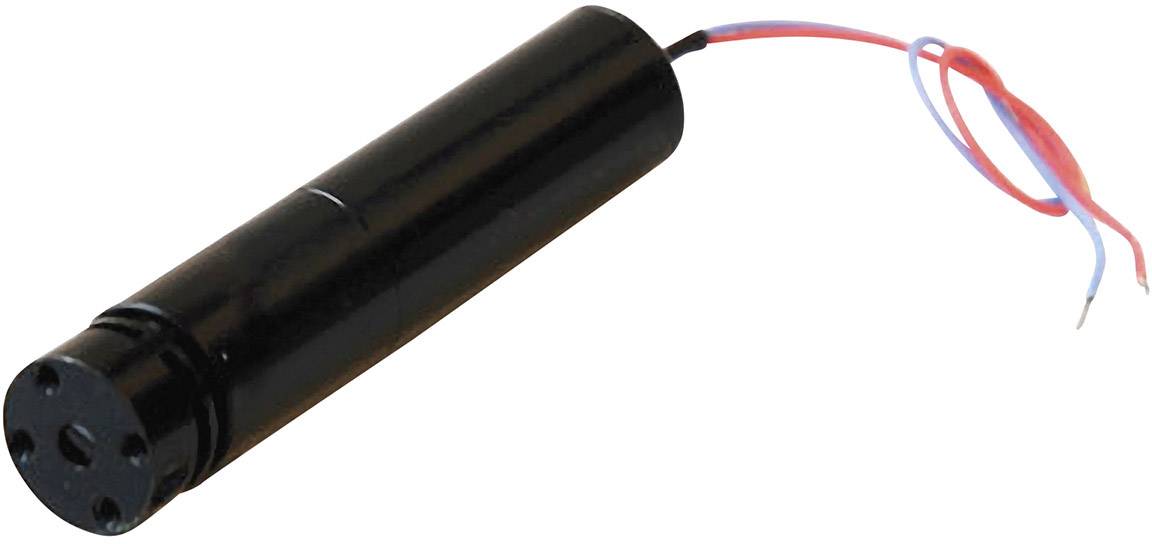 Ein zylinderförmiger, schwarzer Elektromotor mit zwei herausragenden Drähten, einem roten und einem blauen, ist abgebildet.