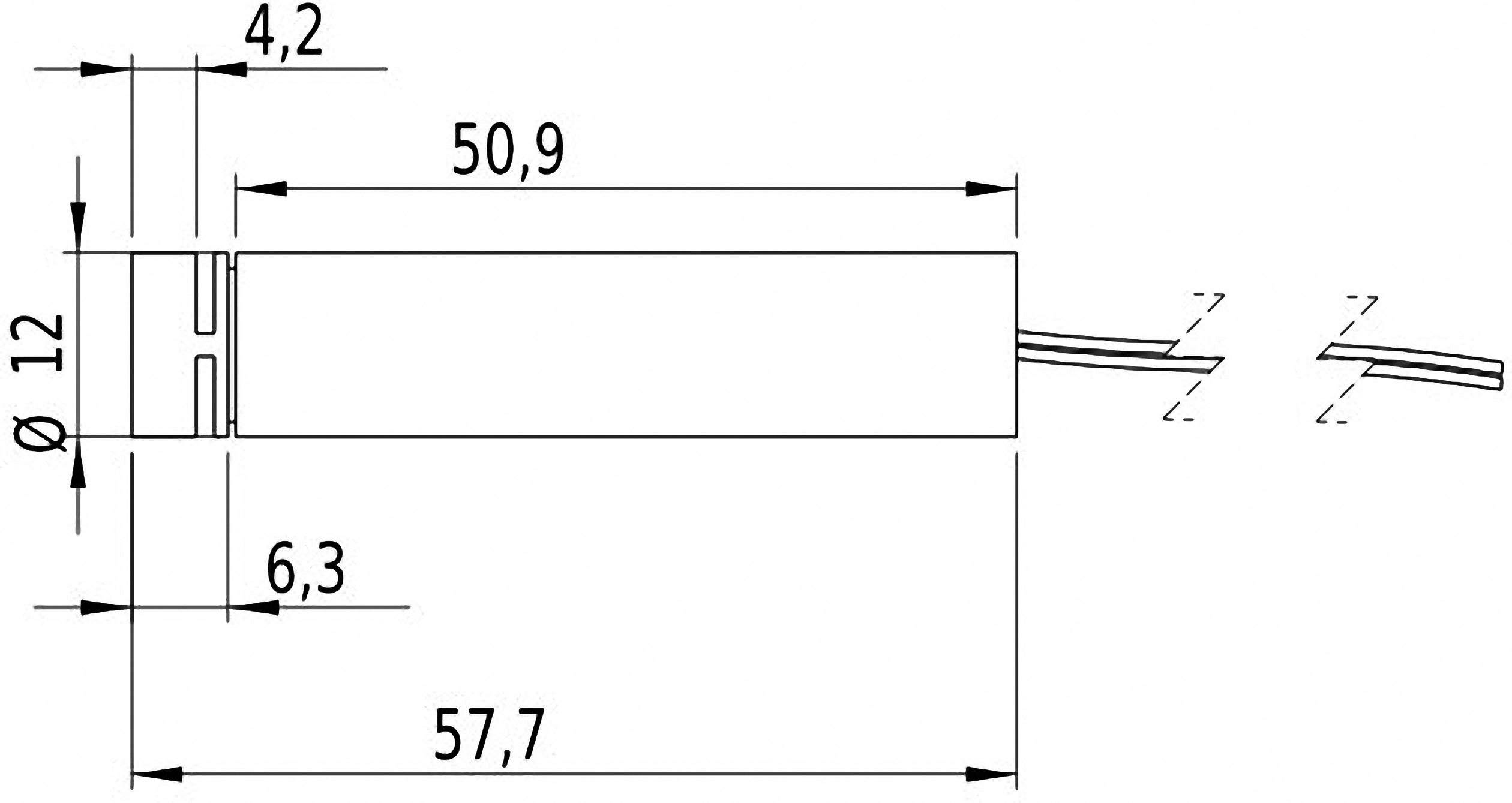 Technische Zeichnung eines zylindrischen Bauteils mit den Maßen 50,9 mm Länge, 12 mm Durchmesser, und 57,7 mm Gesamtlänge mit Kabel.