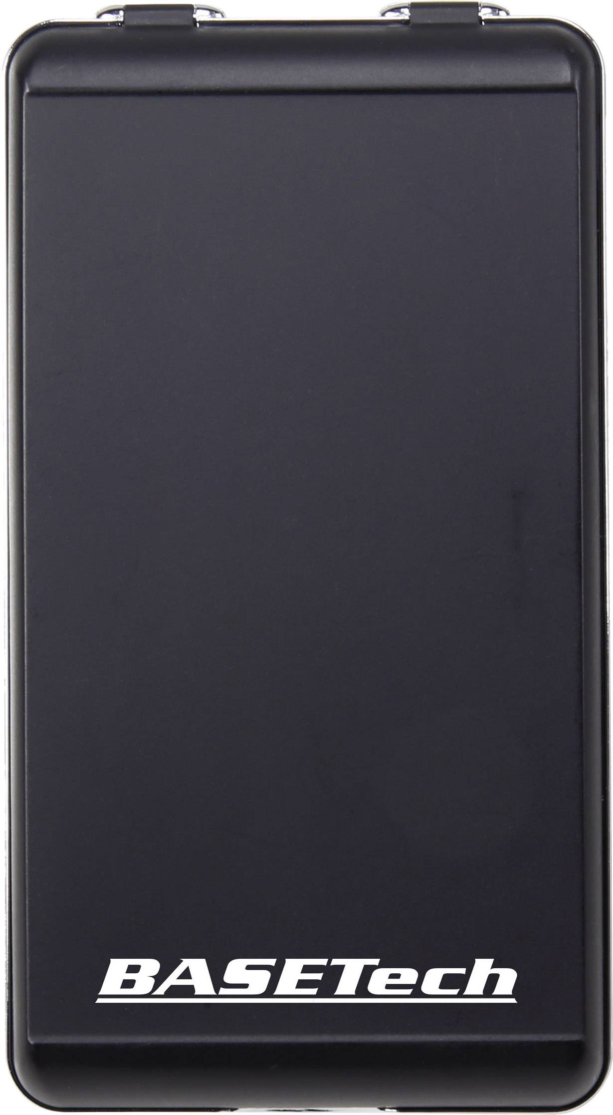 Schwarzes externes Festplattengehäuse mit der Aufschrift 'BASETech'.