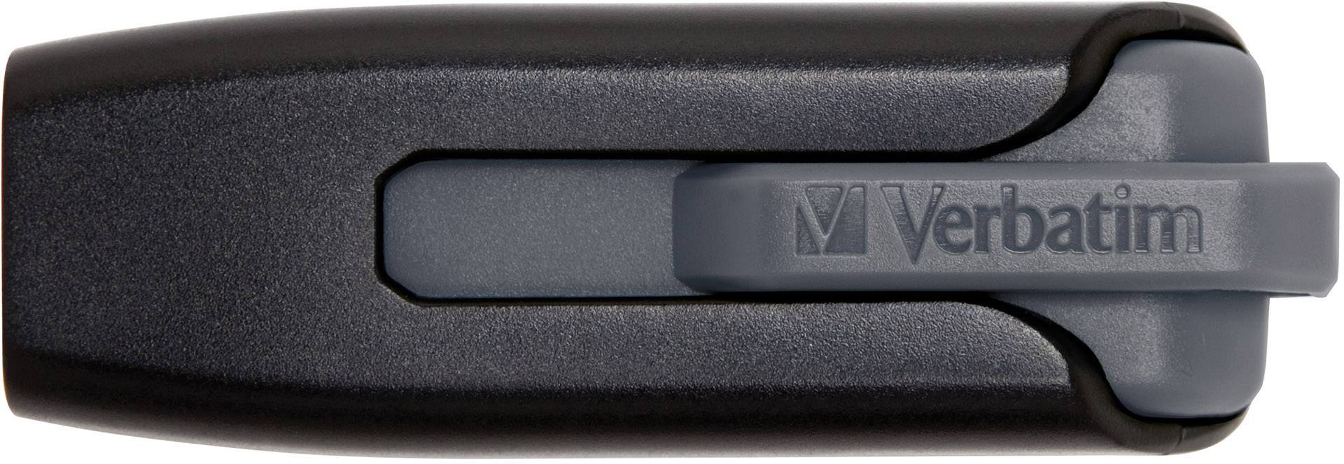 Ein schwarzer Verbatim USB-Stick mit Schiebeverschluss und grauem Schriftzug.